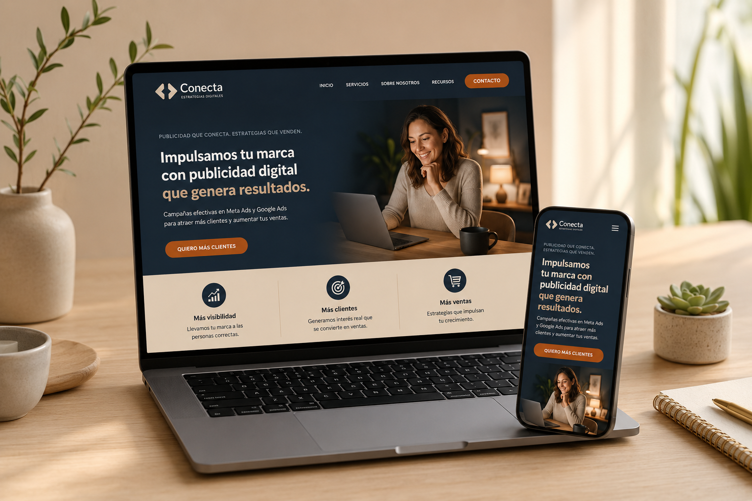 Mockup de una landing page profesional en laptop y celular, con título, botón de contacto por WhatsApp y sección de beneficios