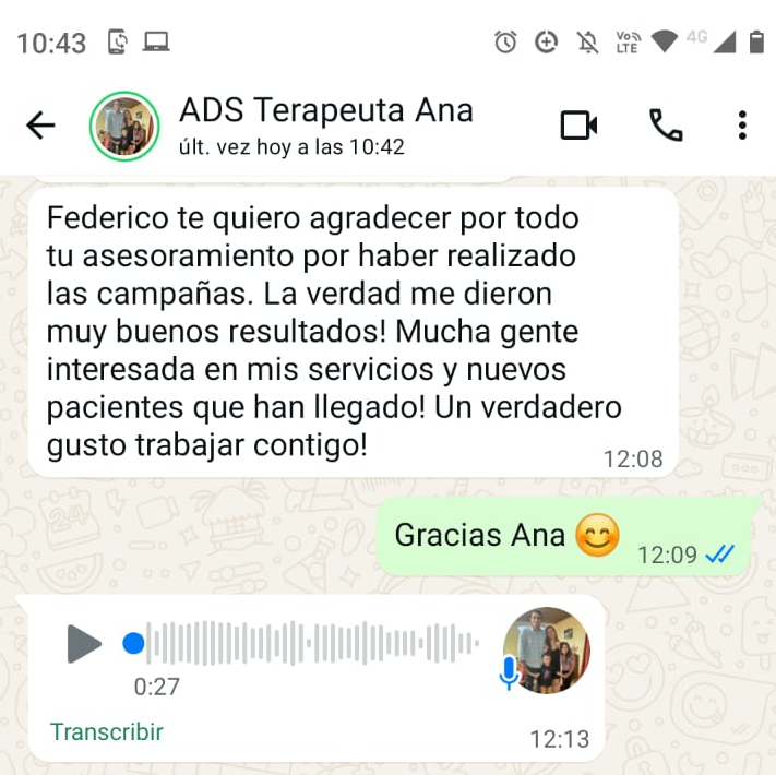 Captura de un mensaje de WhatsApp de una terapeuta agradeciendo los resultados de las campañas y la llegada de nuevos pacientes